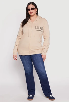 Womens Plus Size 1985 New York City Bear Zip Front Hoodie, Beige, Size 2X