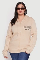 Womens Plus Size 1985 New York City Bear Zip Front Hoodie, Beige, Size 2X