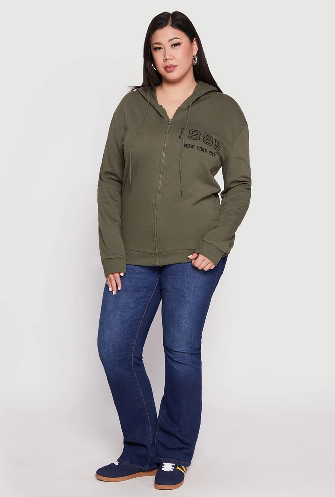 Womens Plus Size 1985 New York City Bear Zip Front Hoodie, Green, Size 3X