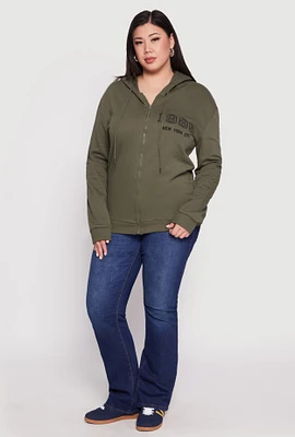 Womens Plus Size 1985 New York City Bear Zip Front Hoodie, Green, Size 3X