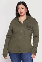 Womens Plus Size 1985 New York City Bear Zip Front Hoodie, Green, Size 1X