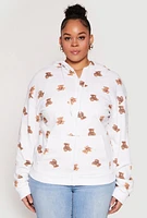 Womens Plus Size Teddy Bear Print Zip Front Hoodie, White, Size 1X