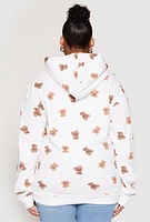 Womens Plus Size Teddy Bear Print Zip Front Hoodie, White, Size 1X