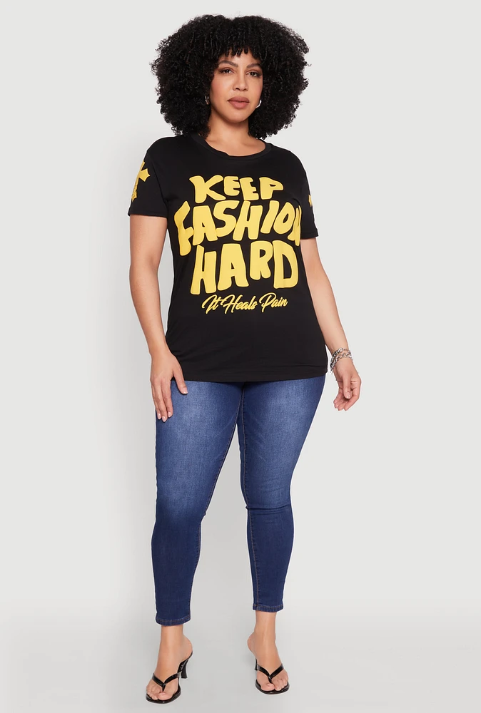 Womens Plus Size Keep Fashion Hard Graphic T Shirt, Black, Size 2X