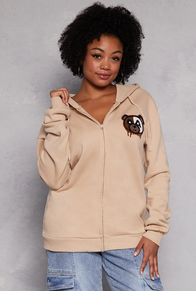 Womens Plus Size Bear Graphic Zip Front Hoodie, Beige, Size 1X