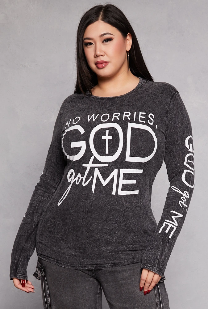 Womens Plus Size God Got Me Acid Wash Graphic Tee, Black, Size 2X