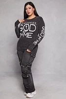 Womens Plus Size God Got Me Acid Wash Graphic Tee, Black, Size 2X