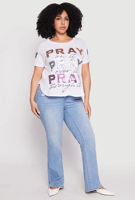 Womens Plus Size Sequin Pray Graphic Tee, White, Size 1X