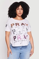 Womens Plus Size Sequin Pray Graphic Tee, White, Size 1X