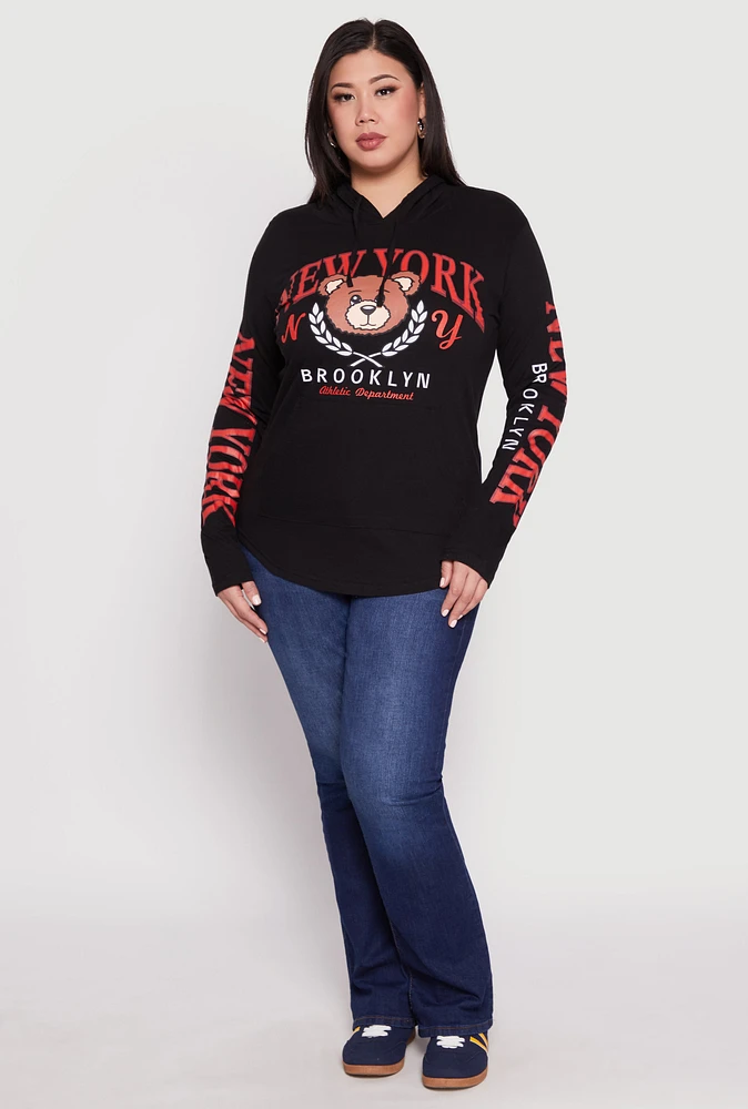 Womens Plus Size New York Brooklyn Bear Hooded Top, Black, Size 1X