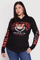 Womens Plus New York Brooklyn Bear Hooded Top, Black,