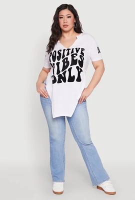 Womens Plus Size Positive Vibes Only Graphic Print Tee, White, Size 2X