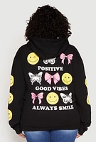 Womens Plus Size Positive Good Vibes Always Smile Hoodie, Black, Size 2X