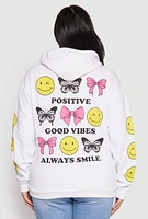 Womens Plus Size Positive Good Vibes Always Smile Hoodie, White, Size 2X