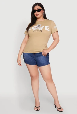 Womens Plus Size Love Yourself Bear Graphic Tee, Beige, Size 2X