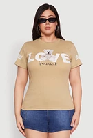 Womens Plus Size Love Yourself Bear Graphic Tee, Beige, Size 3X
