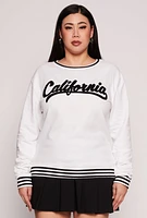 Womens Plus Size Chenille California Varsity Sweatshirt, White, Size 1X