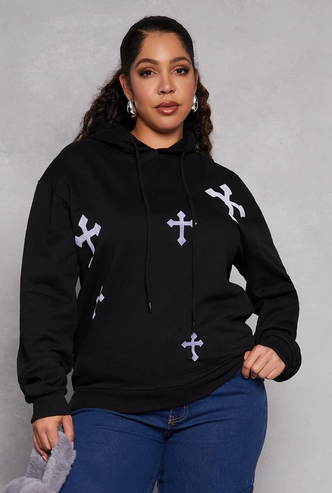 Womens Plus Cross Print Hoodie, Black,