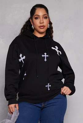 Womens Plus Cross Print Hoodie, Black,