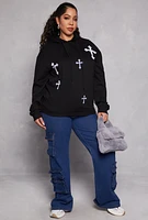 Womens Plus Cross Print Hoodie, Black,