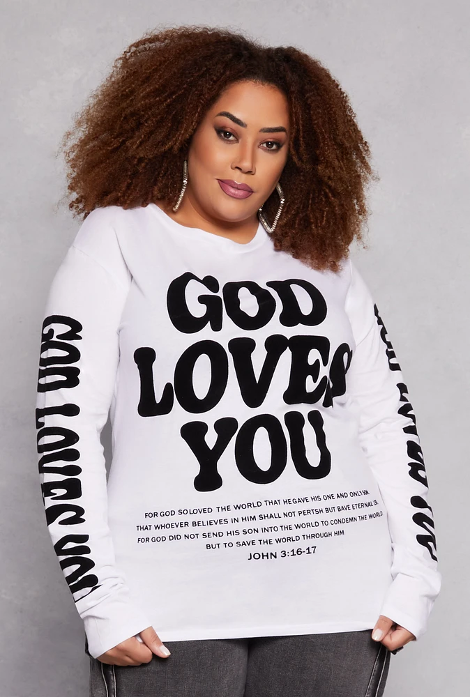 Womens Plus Size God Loves You Long Sleeve Top, White, Size 3X