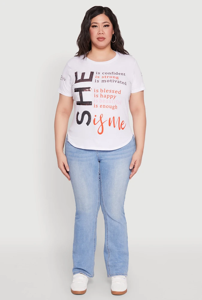 Womens Plus Sequin She Is Me Graphic Tee, White,