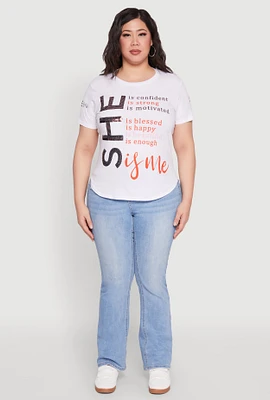 Womens Plus Sequin She Is Me Graphic Tee, White,