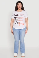 Womens Plus Sequin She Is Me Graphic Tee, White,