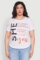 Womens Plus Sequin She Is Me Graphic Tee, White,