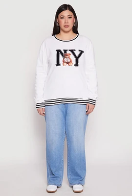 Womens Plus Size NY Bear Crew Neck Sweatshirt, White, Size 2X