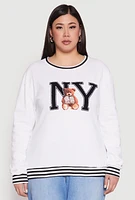 Womens Plus Size NY Bear Crew Neck Sweatshirt, White, Size 1X