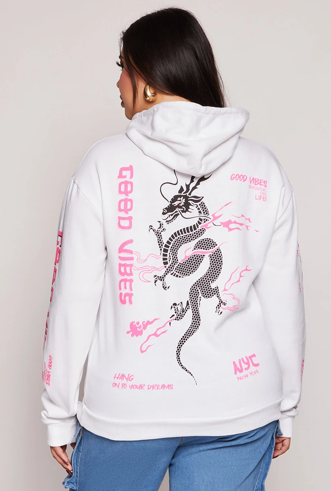 Womens Plus Size Good Vibes Pullover Hoodie, White, Size 3X