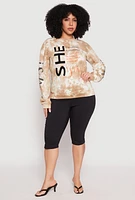 Womens Plus Size She Is Velvet Burnout Graphic Sweatshirt, Beige, Size 2X