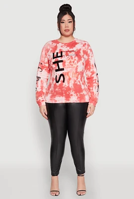 Womens Plus She Is Velvet Burnout Tie Dye Sweatshirt, Red,