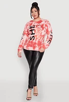 Womens Plus She Is Velvet Burnout Tie Dye Sweatshirt, Red,