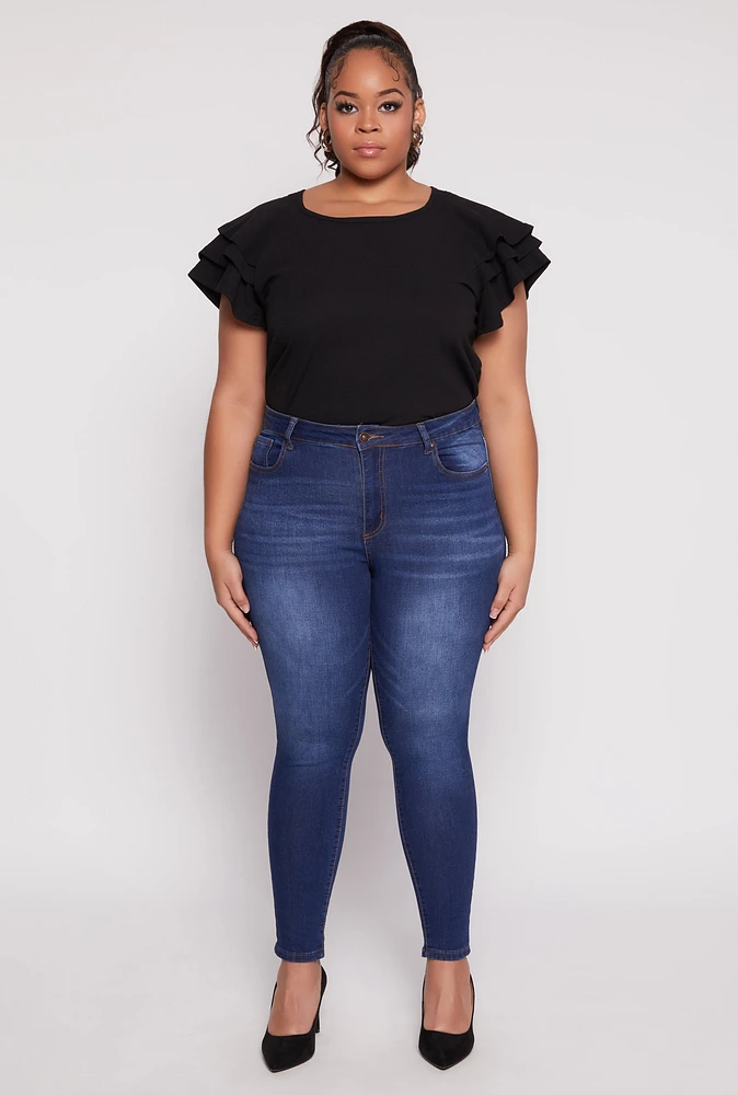 Womens Plus Tiered Flutter Sleeve Blouse, Black,