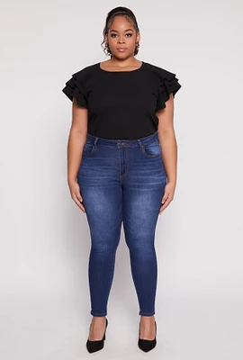 Womens Plus Tiered Flutter Sleeve Blouse, Black,