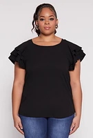 Womens Plus Tiered Flutter Sleeve Blouse, Black,