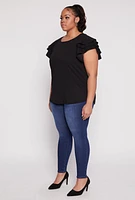 Womens Plus Tiered Flutter Sleeve Blouse, Black,