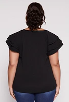 Womens Plus Size Tiered Flutter Sleeve Blouse, Black, Size 1X