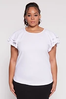 Womens Plus Size Tiered Flutter Sleeve Blouse, White, Size 4X