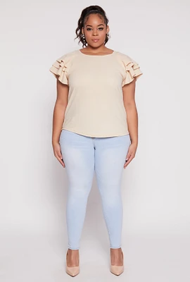 Womens Plus Size Tiered Flutter Sleeve Blouse, Beige, Size 3X