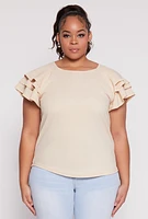 Womens Plus Tiered Flutter Sleeve Blouse,