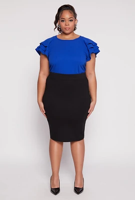Womens Plus Size Tiered Flutter Sleeve Blouse, Blue, Size 3X