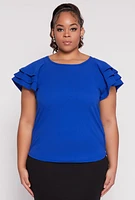 Womens Plus Size Tiered Flutter Sleeve Blouse, Blue, Size 3X