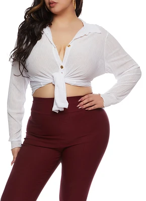 Womens Plus Size Textured Knit Button Front Long Sleeve Shirt, White, Size 4X