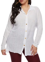 Womens Plus Size Textured Knit Button Front Long Sleeve Shirt, White, Size 2X