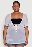 Womens Plus Size Mesh Tie Front Cover Up, White, Size 1X