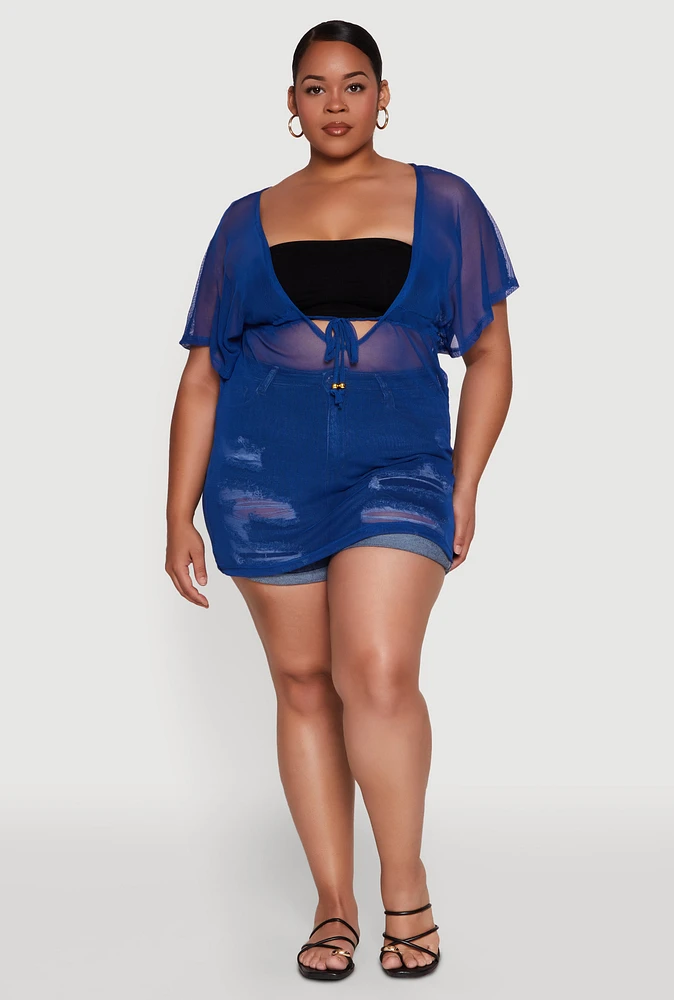 Womens Plus Mesh Tie Front Cover Up,