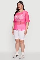 Womens Plus Size Personally I Dont Care Fishnet Top, Pink, Size 2X